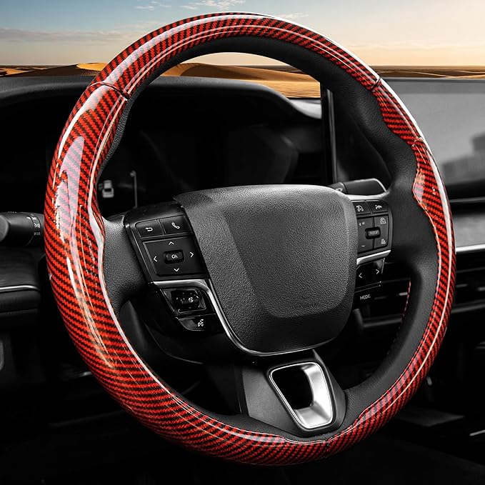 West Llama Carbon Fiber Steering Wheel Covers,3 Piece Car Wheel Cover Universal Fit 99% Cars(Glossy Red)