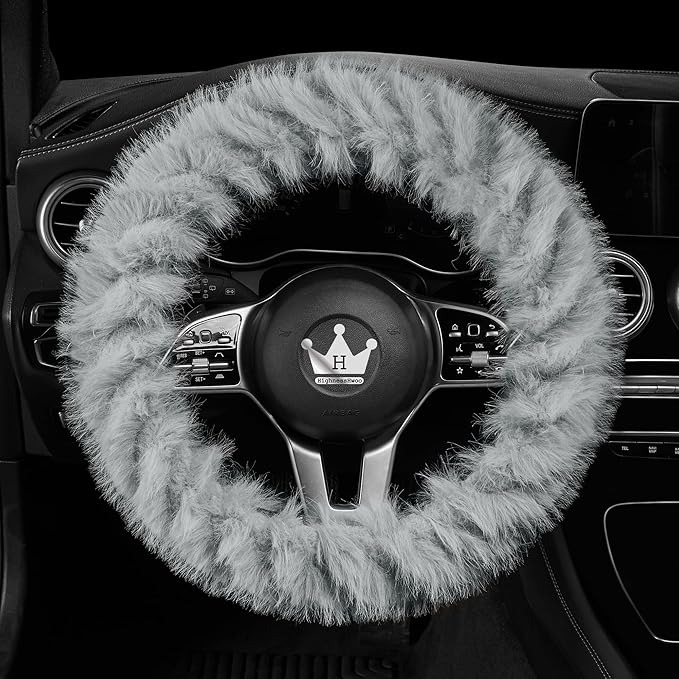 Fuzzy Winter Steering Wheel Cover for Women, Warm Cute Fluffy Car Wheel Cover for Sedan, SUV, Soft Furry Girly Plush Car Handle Cover for Cold Weather, 14.75-15.15in, Gray