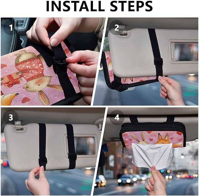 Car Tissue Holder Car Visor Organizer Tissue Box Holder for Car Sun Visor Organizer with Car Vehicle Accessories Essentials Interior for Women Men Valentines Fox Bunny Hearts Pink