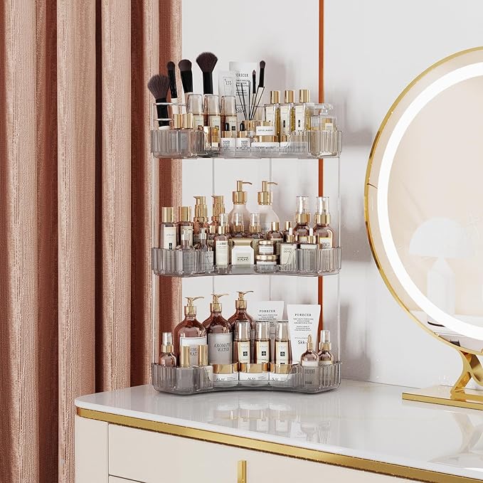 Asayuee 3-Tier Corner Bathroom Counter Organizer with Top Toothbrush Holders,Large Makeup Organizer Countertop with Brush Hol