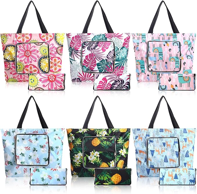 Cunno 6 Pcs Reusable Foldable Grocery Bags, Large Capacity Shopping Bag with Zipper Handle, Waterproof, Women