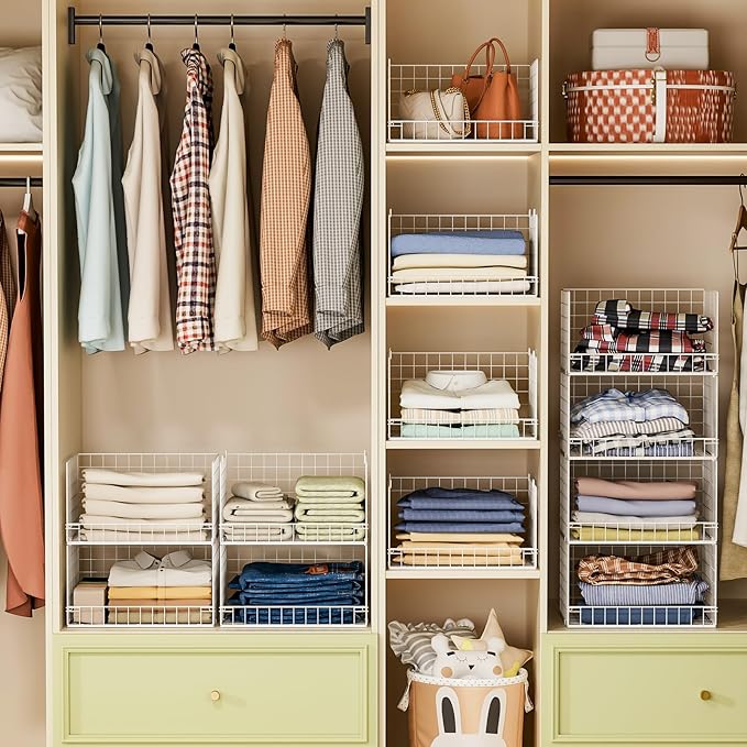 4-Tier Stackable Closet Organizers and Storage Basket, Foldable Closet Shelf Organizer System, Space-Saving Clothes Storage D