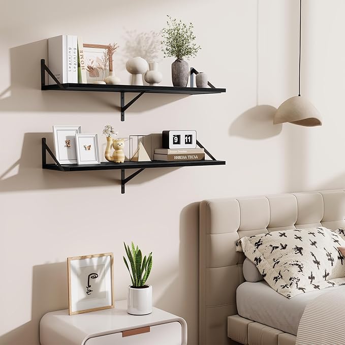 Black Deep Floating Shelves for Wall,36" Wx10 D Wood Wall Shelves with Metal Brackets,Hanging Storage Floating Shelf for Livi
