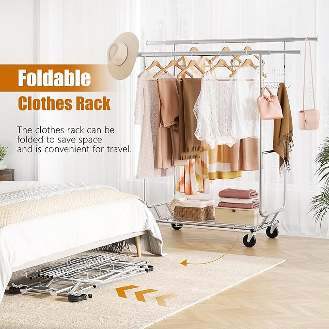Gewudraw Heavy Duty Clothes Rack Load 900 Lbs, Double Rod Rolling Clothing Rack With Sturdy Wheel And Shelves，Adjustable Port