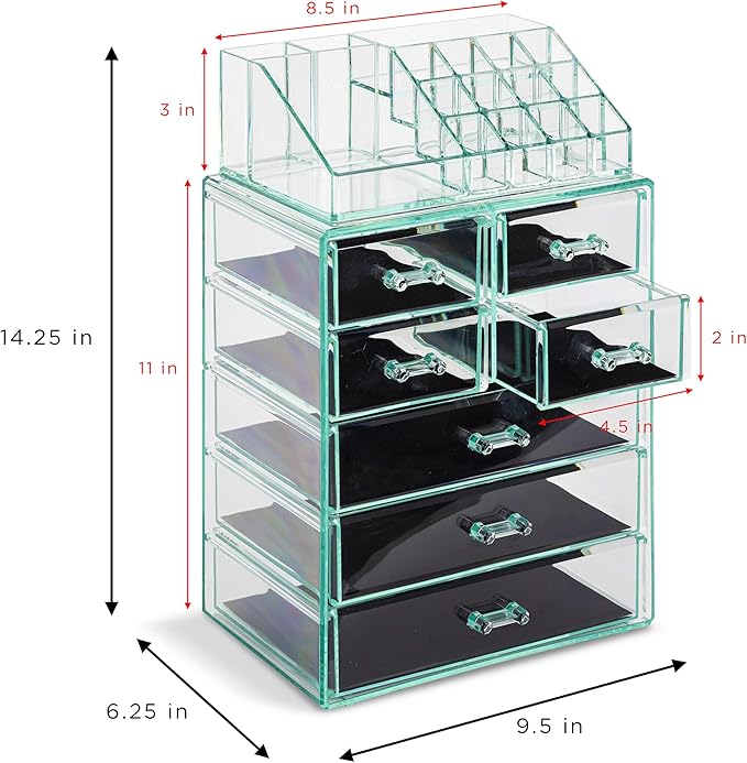 Sorbus Acrylic Makeup Organizer Set, 7-Drawer Vanity & Countertop Cosmetic Storage with Small & Wide Compartments, Teal Thril