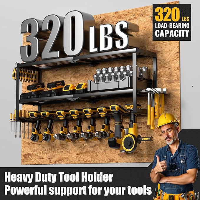 MOOMSINE Power Tool Organizer Wall Mount, Heavy Duty Metal Tool Storage Rack Loads 320lbs, 8 Cordless Drill Holder 3 Layer fo