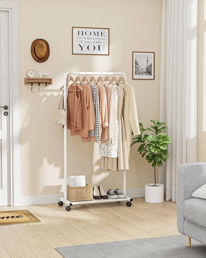 Sakugi Clothes Rack - Clothing Rack with Storage Mesh Shelf & Casters, Heavy-Duty Metal Clothing Rack for Hanging Clothes, Dr