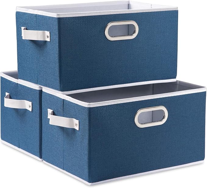 PRANDOM Large Collapsible Storage Baskets for Closet [3-pack] Decorative Fabric Storage Bins Cubes with Leather/Metal Handles