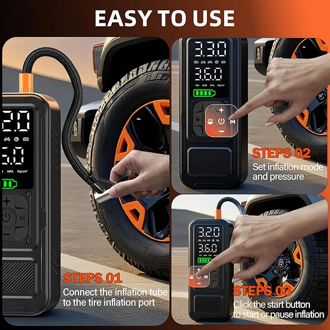 Y34 Tire Inflator Portable Air Compressor,4X Faster Inflation,10000mAh Cordless/12V DC 150PSI Air Pump for Car Tires with Digital Pressure Gauge/LED Light for Car,Motorcycle,Bike,Ball