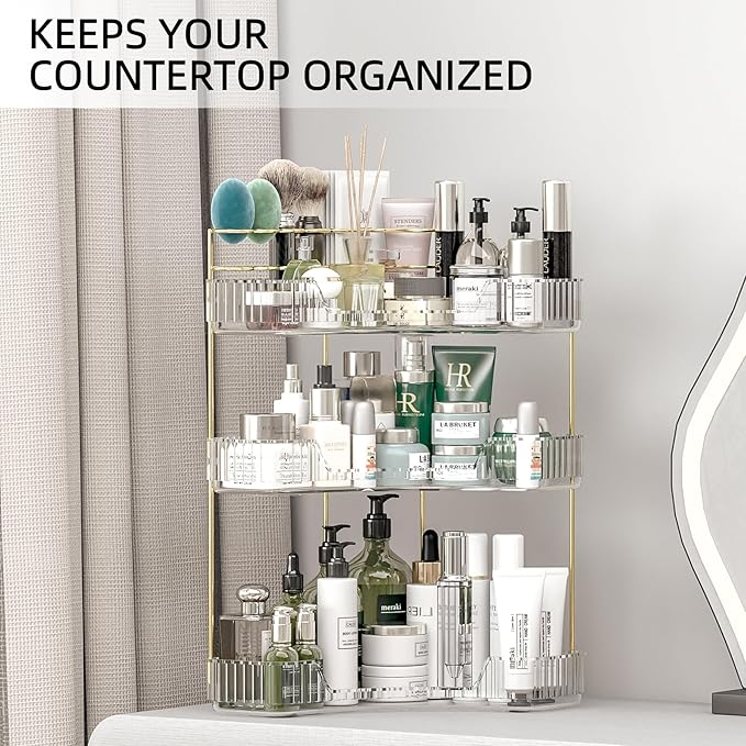 Makeup Organizer Countertop 3 Tier, Corner Bathroom Countertop Organizer with Toothbrush and Makeup Brush Holder, Corner Vani