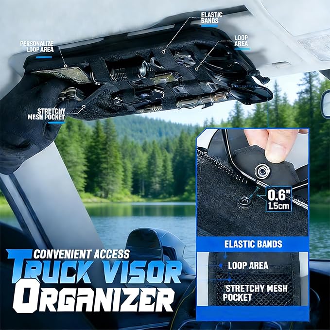 Molle Car Sun Visor Organizer,Car Accessories with Zipper Visor Storage Pouch&Glasses Clip&Adjustable Straps, Semi-Rigid Molle Panel for Tactical Gears, Fits Most Vehicles, SUVs (Black)
