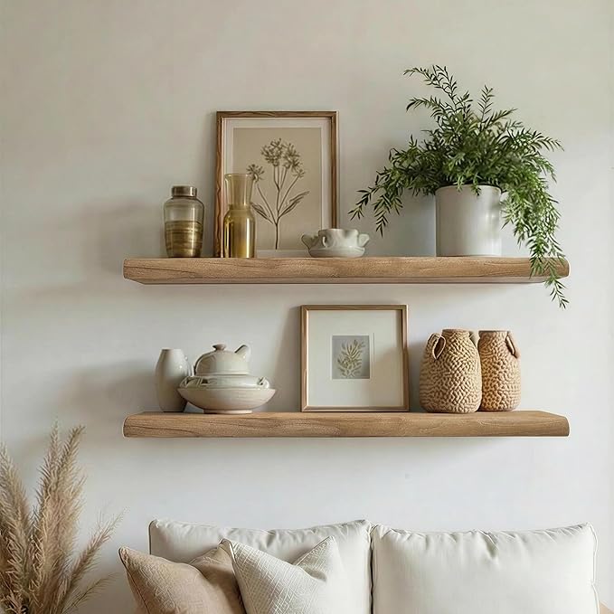 PERFNIQUE 36 Inch Floating Shelves Set of 2, Solid Elm Wood Rustic Live Edge Wall Decor Shelves - Invisible Bracket Mount for
