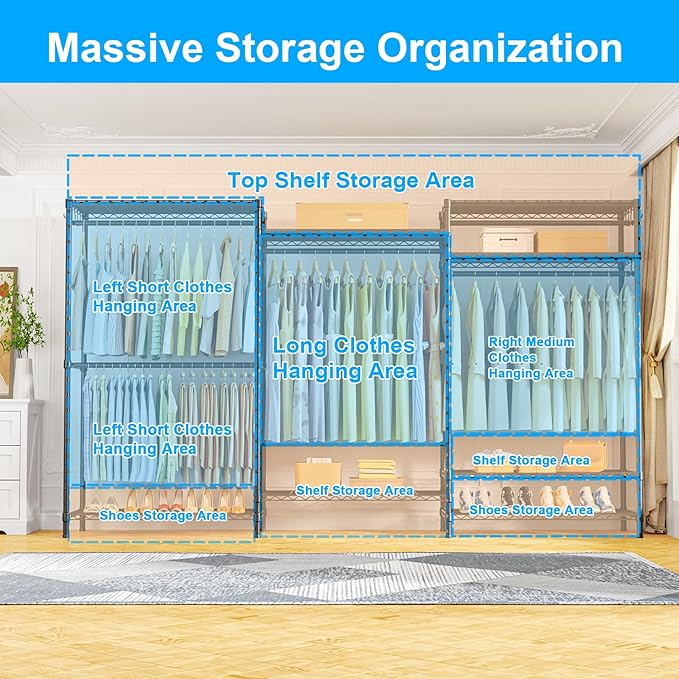 Ulif E13C Max Heavy Duty Closet Organizer System，Freestanding Clothing Racks for Hanging Clothes，Adjustable Garment Rack 86" 