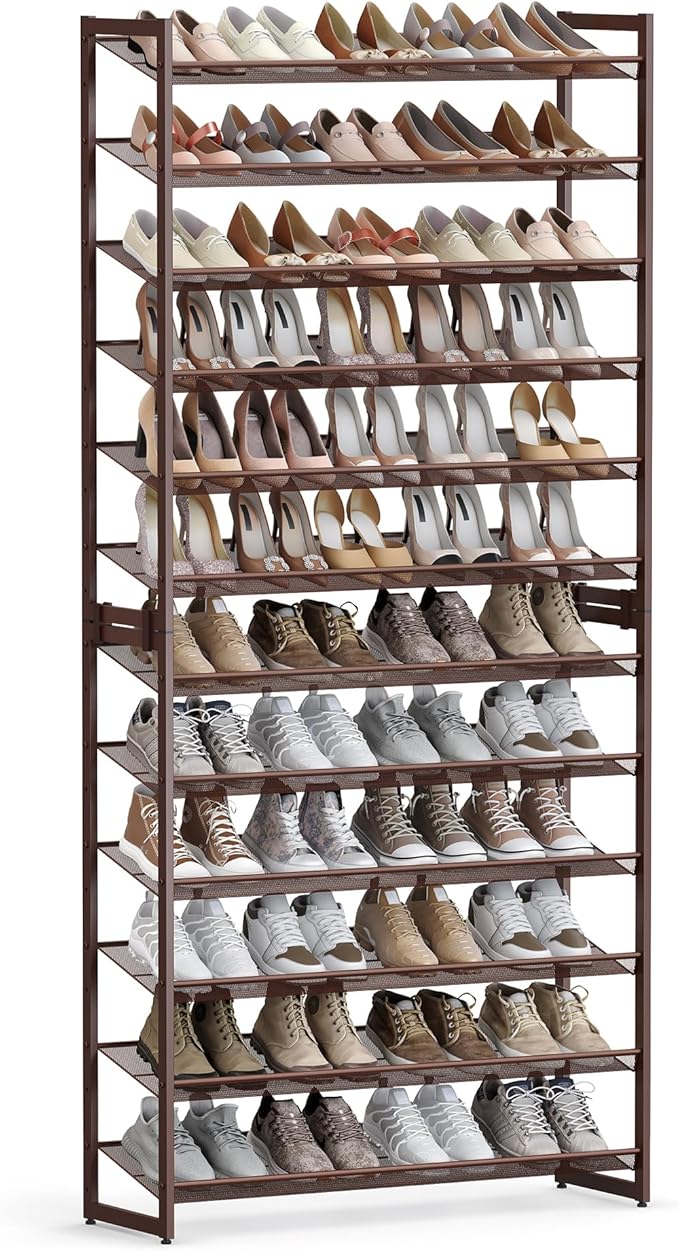 SONGMICS Shoe Rack, 12-Tier Shoe Organizer, Metal Rack for Garage, Set of 2, 6-Tier Stackable Shelf, with Adjustable Flat or 