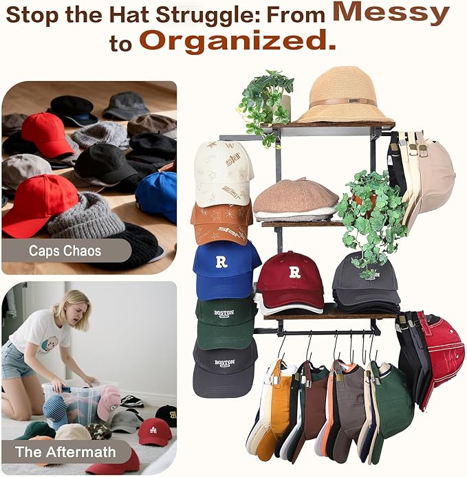 Keebofly Hat Rack for Wall with Shelf, Hat Holder Organizer for 100+ Caps Bennies,Hat Storage with Perfumes & Cosmetics Displ