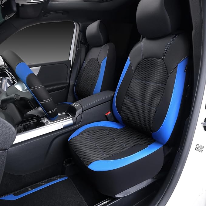 CAR PASS Air Mesh Leather Car Seat Covers Full Set, Waterproof Car Floor Mats, Sporty Steering Wheel Cover 14.5-15in, Univers