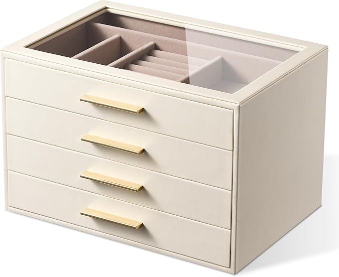 pickpiff Jewelry Box Organizer Case for Women: 4-Layer Jewelry Storage Case with Glass Window, Ivory Leather with Pink Velvet