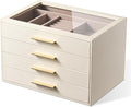 pickpiff Jewelry Box Organizer Case for Women: 4-Layer Jewelry Storage Case with Glass Window, Ivory Leather with Pink Velvet