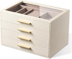 pickpiff Jewelry Box Organizer Case for Women: 4-Layer Jewelry Storage Case with Glass Window, Ivory Leather with Pink Velvet