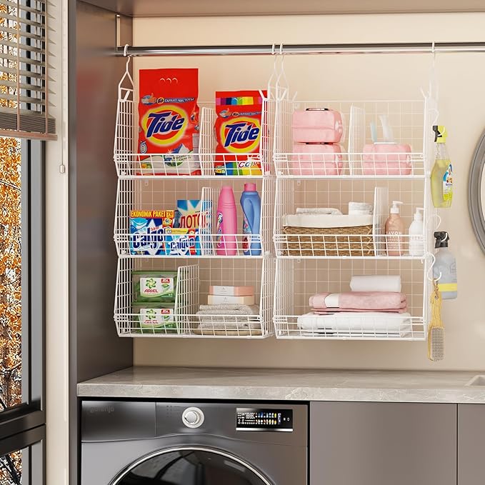 Jautokerdar 6 Tier Extra Large Hanging Closet Organizer, Closet Storage Hanging with Dividers, Wire Closet Shelf with 5 S Hoo