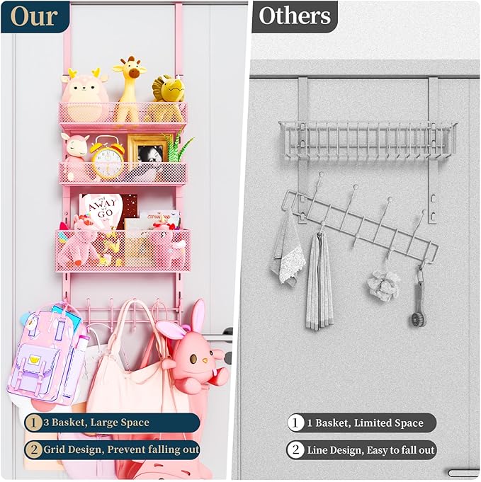 Consumest Over The Door Hooks Organizer - 4 Tier Door Coat Rack with 3 Baskets and 12 Hooks, Stainless Steel Towel Hanger for