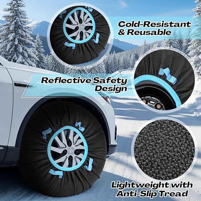 2 Pack Automotive Snow Socks for Tire, Traction Aid Anti Slip Tire Covers Chain with Ice Scraper Gloves, Universal Emergency Winter Kit for Cars Suvs Trucks Quick Fit Easy Installation (M)