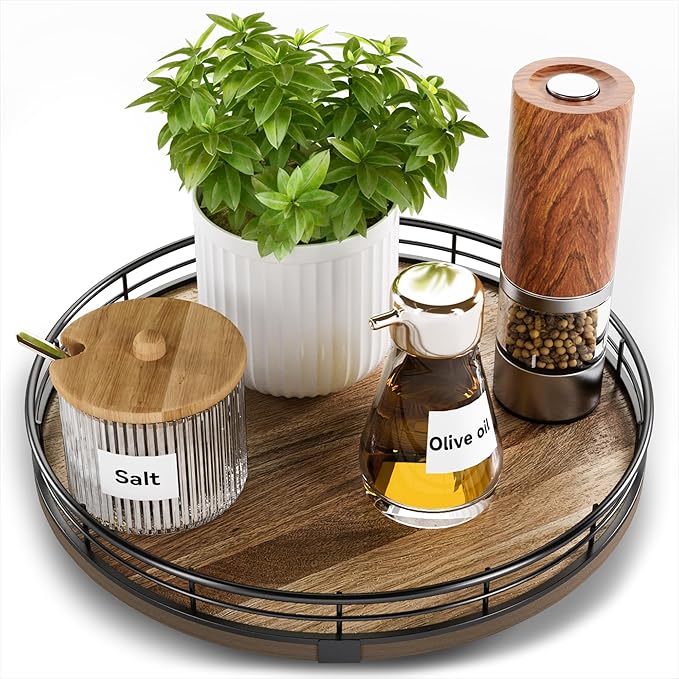 Acacia Wood 10" Lazy Susan Turntable Organizer for Table Top, Farmhouse Round Wooden Lazy Susan for Cabinet Kitchen Centerpie