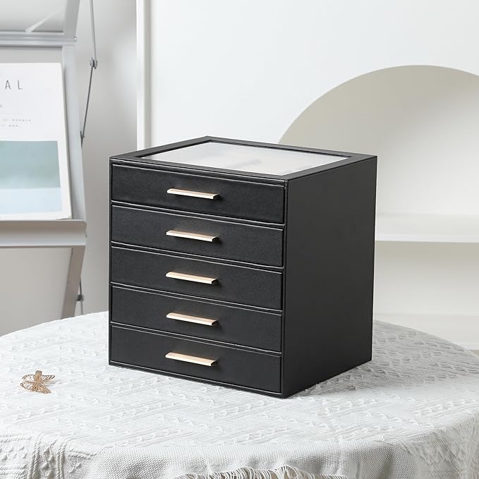 Frebeauty Clear Lid Jewelry Box,5-Layer Jewelry Organizer with Drawer,PU Leather Jewelry Organizers and Storage,Jewelry Boxes