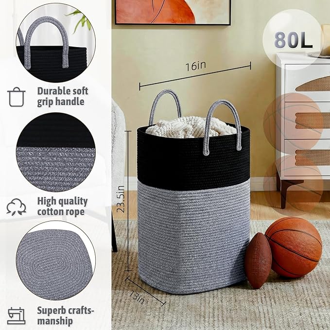 Laundry Basket,Woven Cotton Rope Laundry Hamper,Versatile Storage for Dirty Clothes,Baby Toys,and Blankets in Bathroom, Nurse