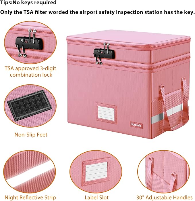 DocSafe File Box with Lock,Multi-Layer Fireproof Document Box Collapsible File Storage Organizer with Pockets/Handle,Large Po