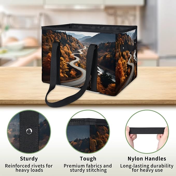 Reusable Grocery Bags Heavy Duty Shopping Bags Foldable Large Tote Bags with Long Handles & Hard Bottom