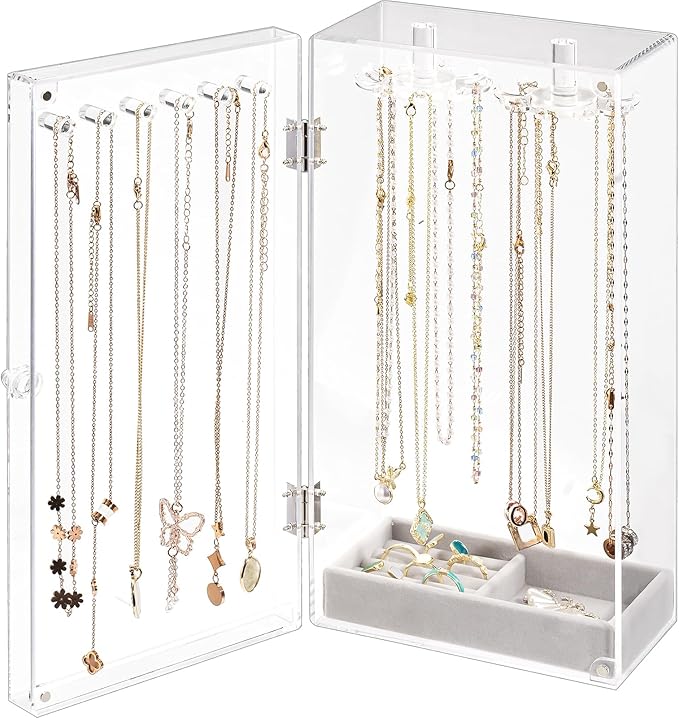 Lolalet Necklace Holder Organizer, Acrylic Jewelry Organizer with 24 Hooks, Rotating Clear Necklaces Display Box, Dust-proof 