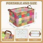 Colorful Checkered Storage Basket Waterproof Canvas Toy Storage Bin Checkered Home Decor Collapsible Outdoor Basket with Leat