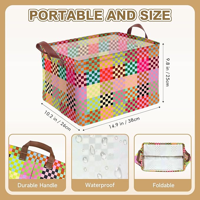 Colorful Checkered Storage Basket Waterproof Canvas Toy Storage Bin Checkered Home Decor Collapsible Outdoor Basket with Leat