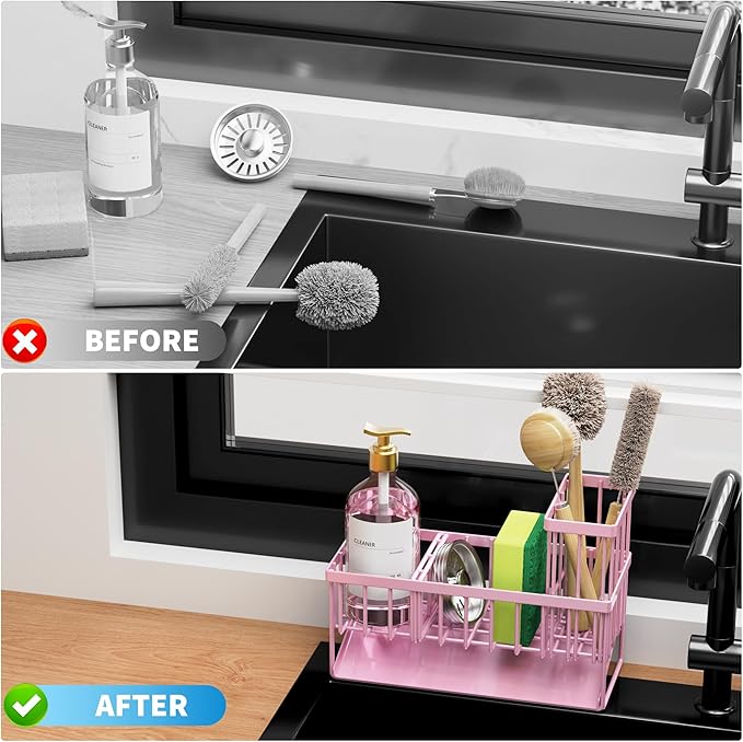 Cisily Pink Kitchen Sink Caddy Organzier with High Brush Holder, Sponge Holder for Sink, 304 Rustproof Stainless, Kitchen Cou