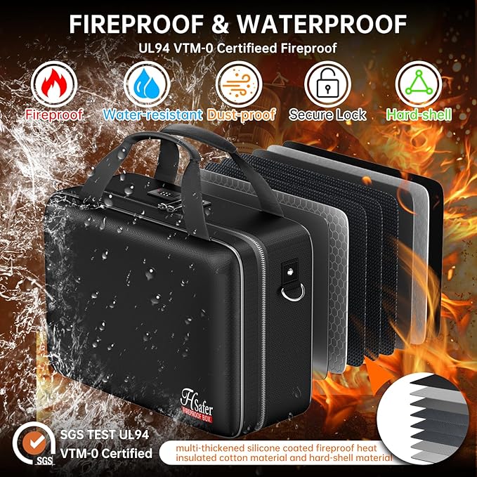 5200℉ Fireproof Document Box with lock, Hard-Shell Case File Organizer with 24 Pocket Accordion File Folder, Portable Safe Bo