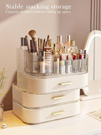 Makeup Organizer with Stackable Drawer, 360 Rotating Makeup Brush Holder, 11-inch Wide Large Cosmetic Display Case, Skincare 