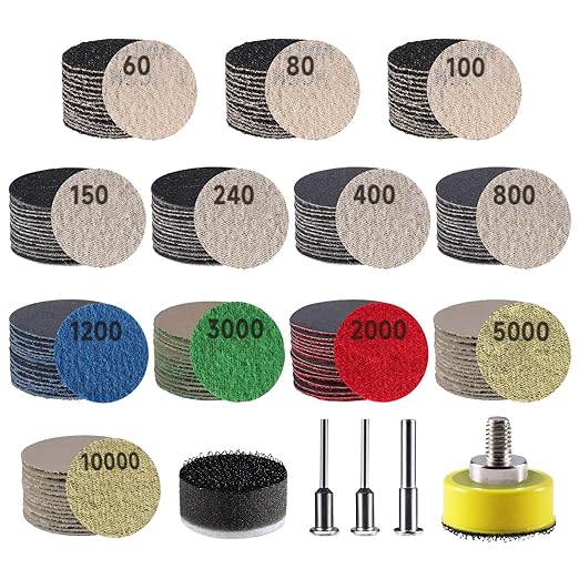 185 PCS 1 Inch Sanding Disc, GOH DODD Hook and Loop 60 to 10000 Grit Wet Dry Sandpaper Sand Paper with 1/8" 1/4" Shank, Backi