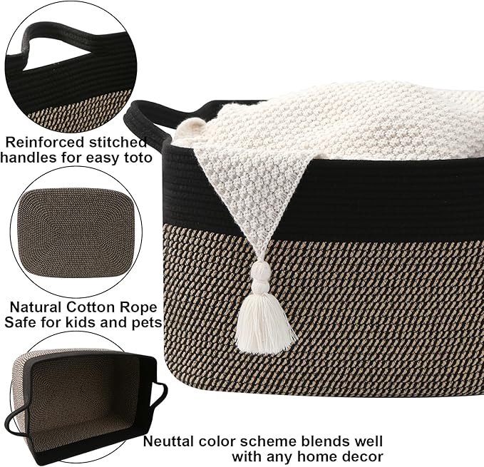 96L Large Blanket Basket,24"x16"x15"Rectangle Storage Bin with Handles,Woven Rope Laundry Basket for Toys, Clothes,Magazines,