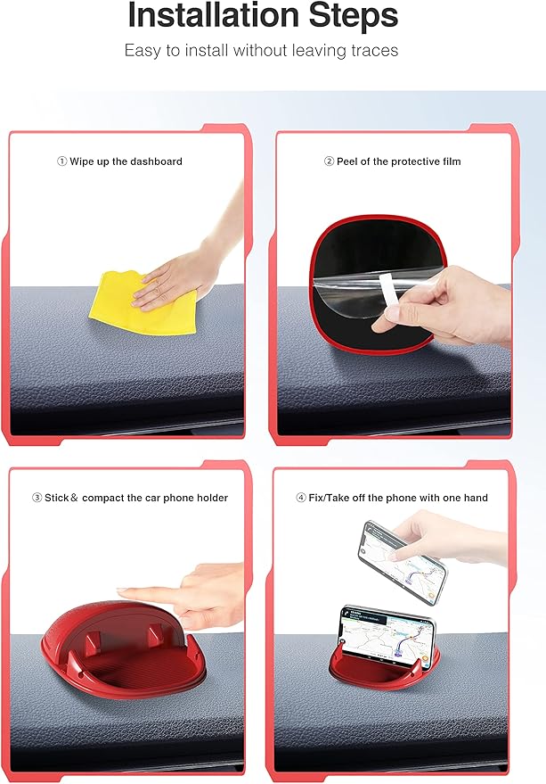 Loncaster Car Phone Holder, Car Phone Mount Silicone Car Pad Mat for Various Dashboards, Slip Free Desk Phone Stand Compatible with iPhone, Samsung, Android Smartphones, GPS Devices and More (Red)