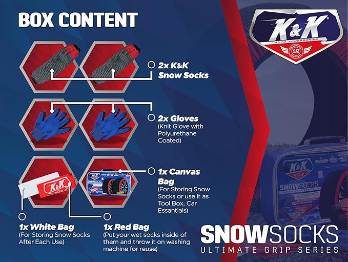 K&K Auto Snow Socks for Tires – Pro Series for Ultimate Grip Approved Snow Chain Alternative Traction Device – Tire Sock for 