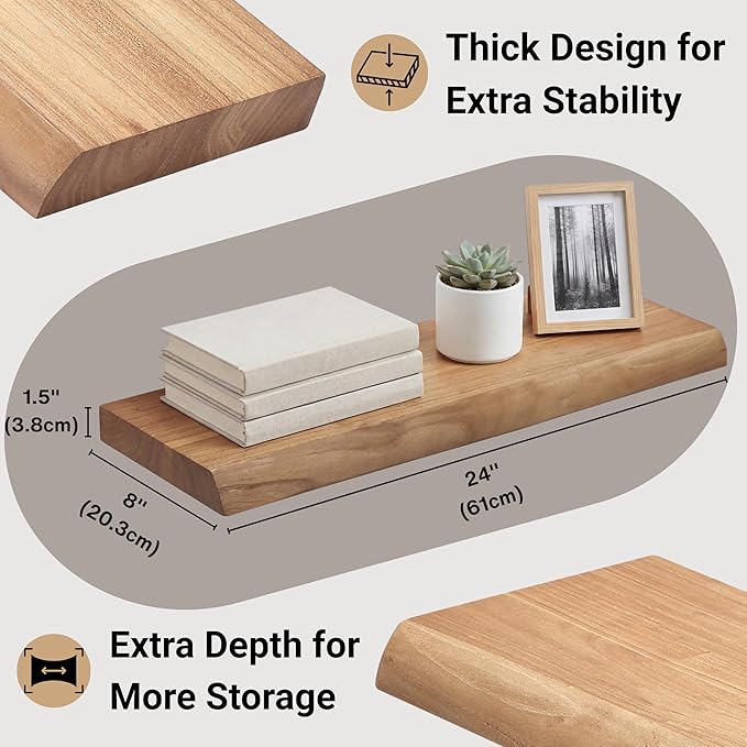 PERFNIQUE 24 Inch Floating Shelves Set of 2, Solid Elm Wood Rustic Live Edge Wall Decor Shelves - Invisible Bracket Mount for