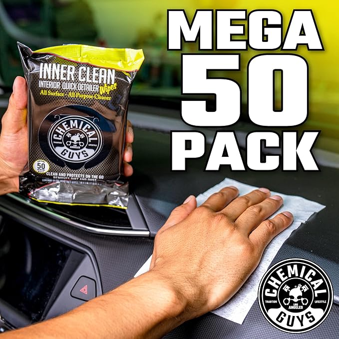 Chemical Guys InnerClean Interior Quick Detailer & Protectant Wipes – 50 Pack Multi Surface Interior Cleaner Wipes for Dashbo
