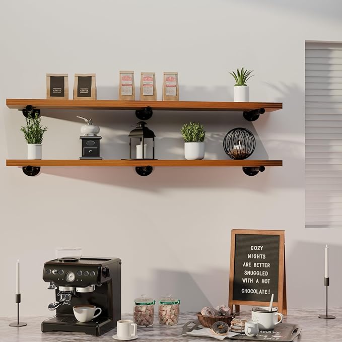 Industrial Pipe Wall Wood Shelves,Real Wooden Shelves 55" in Special Brown Color with 1.2" Extra Thickness, Modern Floating S