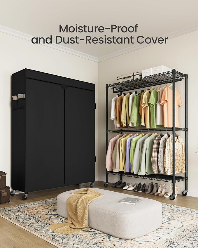 SONGMICS Heavy-Duty Rolling Clothes Rack, Garment Rack, Portable Closet on Wheels, with Adjustable Mesh Shelves and Hanging R