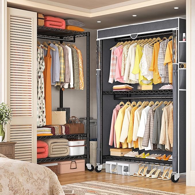 Raybee Clothes Rack with Cover, 45" W Heavy Duty Clothing Racks for Hanging Clothes, Portable Closet with Adjustable Shelves 