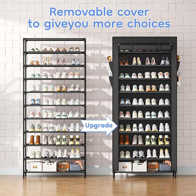 Simple Trending Tall Shoe Rack Organizer Holds 40 Pairs, 10 Tier Large Capacity Shoe Cabinet Storage with Cover for Closet, B
