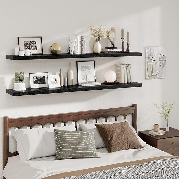 Fun Memories Black Deep Floating Shelves, 72 x 12 Inch Long Wall Shelves, Large Display Shelf & Storage Shelf, Wood Floating 