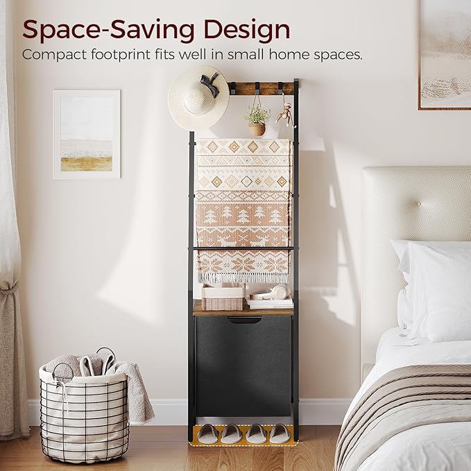 MAHANCRIS Blanket Ladder, 4-Tier Towel Rack with Pull-Out Laundry Basket & Removable Hooks, Ladder Shelf Stand, Wall-Leaning 