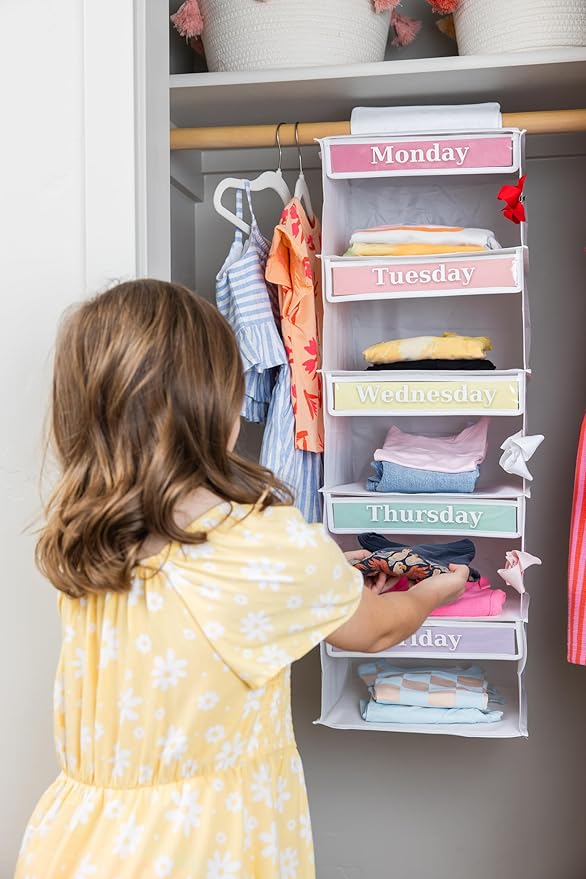 Three Sweet Peas Co Weekly Clothes Organizer for Kids – 5 Shelf Hanging Closet Storage for School Outfits | Monday to Friday 